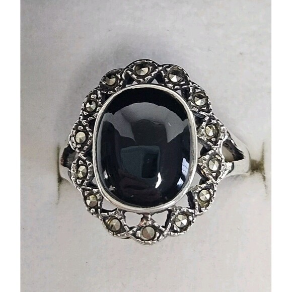 Vintage Art Deco Style Sterling Silver Black Oval Onyx Ring Size 7, Ornate - Picture 3 of 10
